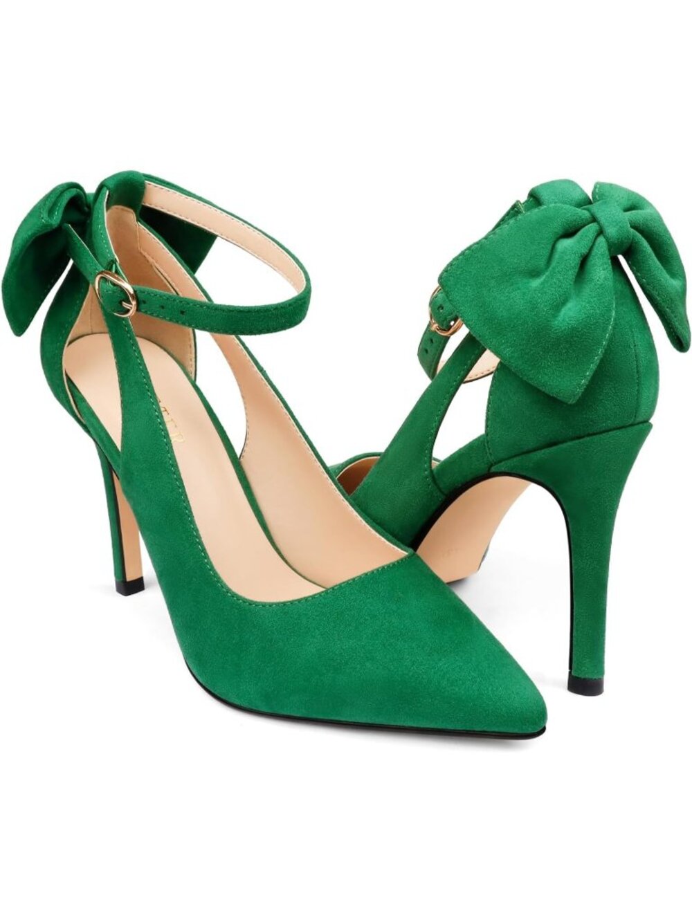 Women's Green Faux Leather Adjustable Pumps Pointed Toe Ankle Strap Wedding Heel